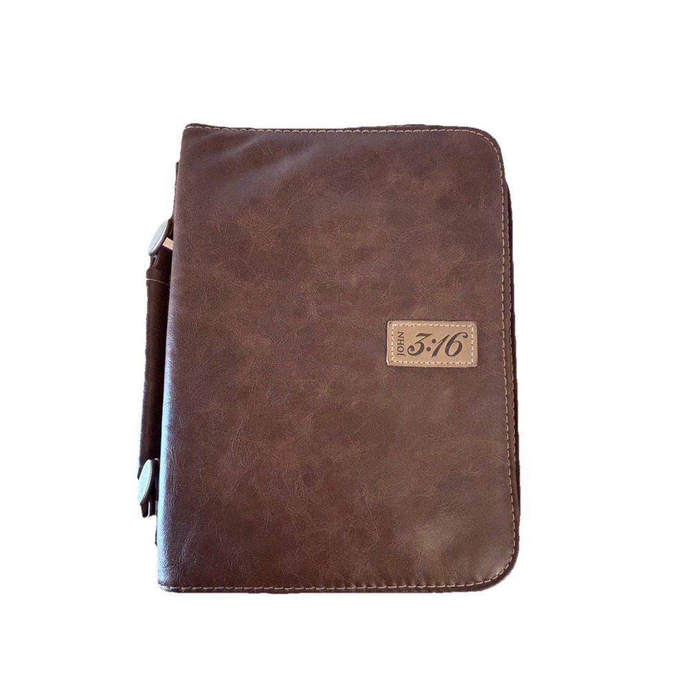 Bible Cover John 3:16 Brown Faux Leather Christian Art Gifts Med Zipper Handle